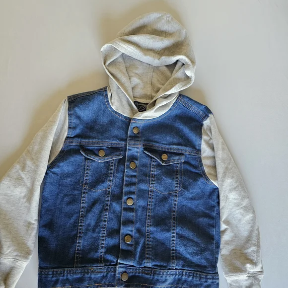 Kids Denim Hooded Jacket - Blue and Light Gray - Picture 2 of 16
